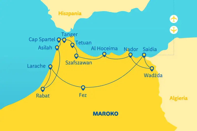 Mapa pokazuje trasę promową z Hiszpanii do Maroka, łączącą Tanger, Tetuan, Al Hoceima, Nador, Saidia i Wadżda.